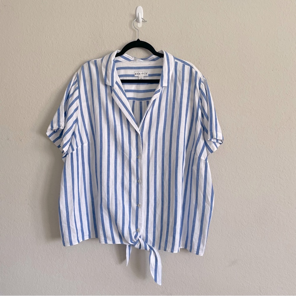 Blue and White Striped Button-Up Top